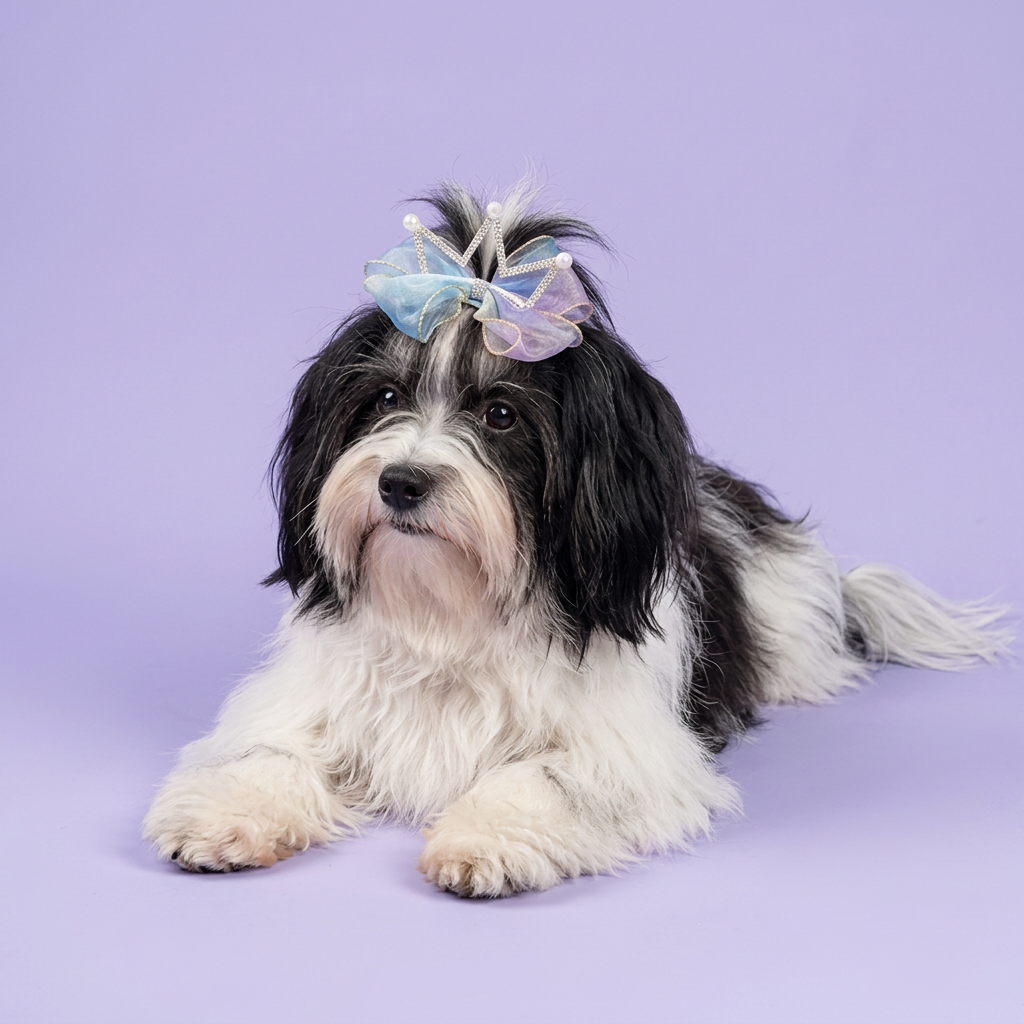 Havanese wearing the blue-and-lavender crown bow