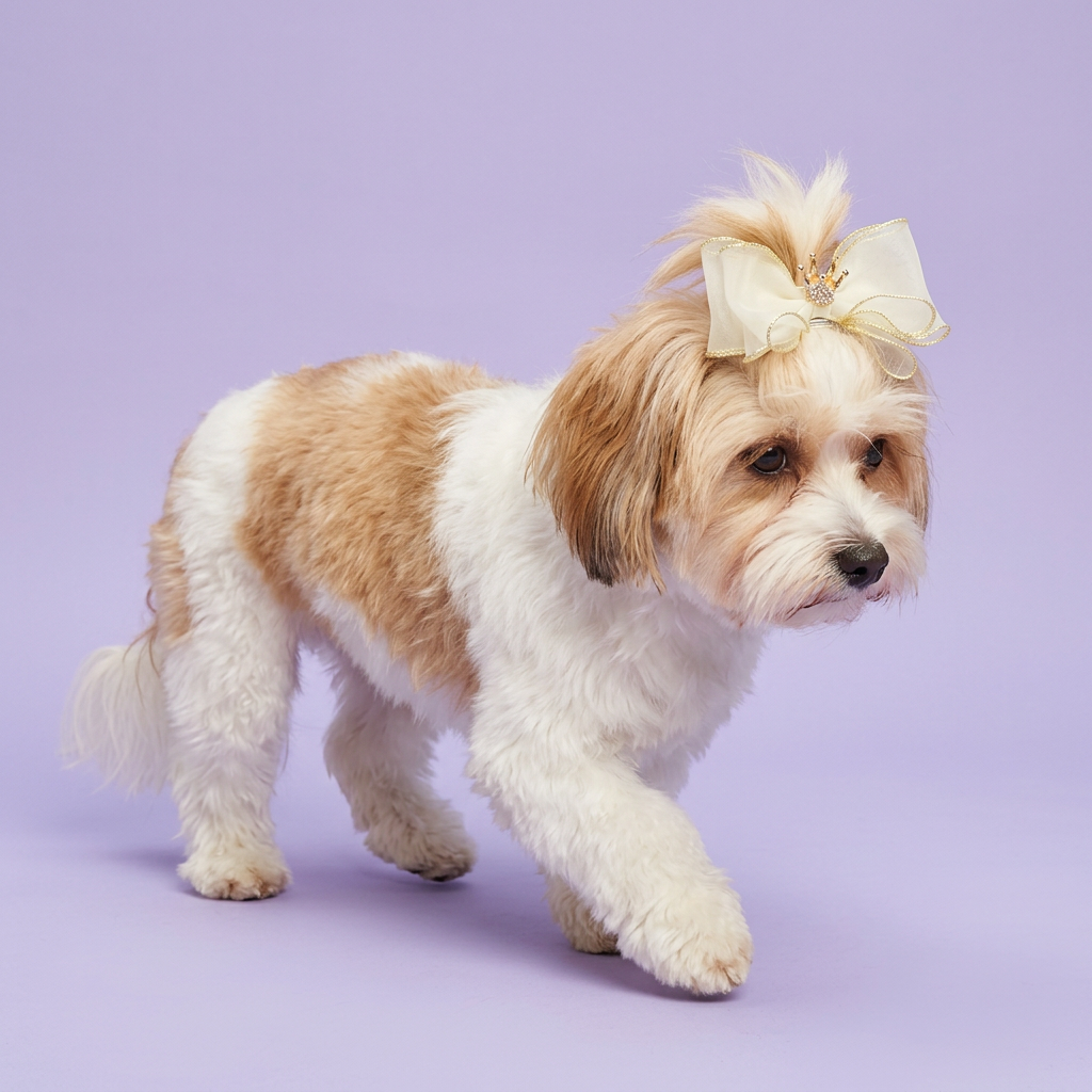 Havanese wearing the ivory-and-gold crown bow