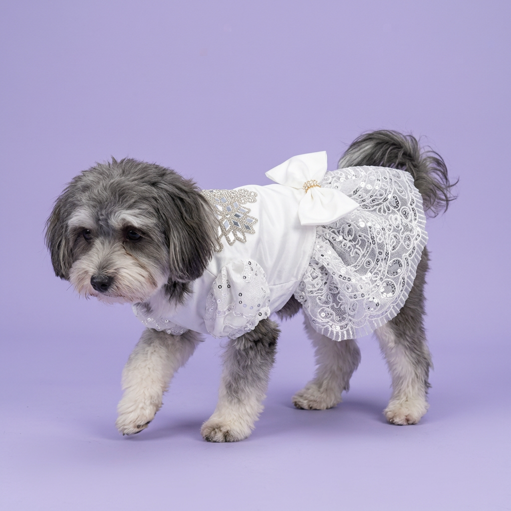 Havanese wearing the jeweled white dress