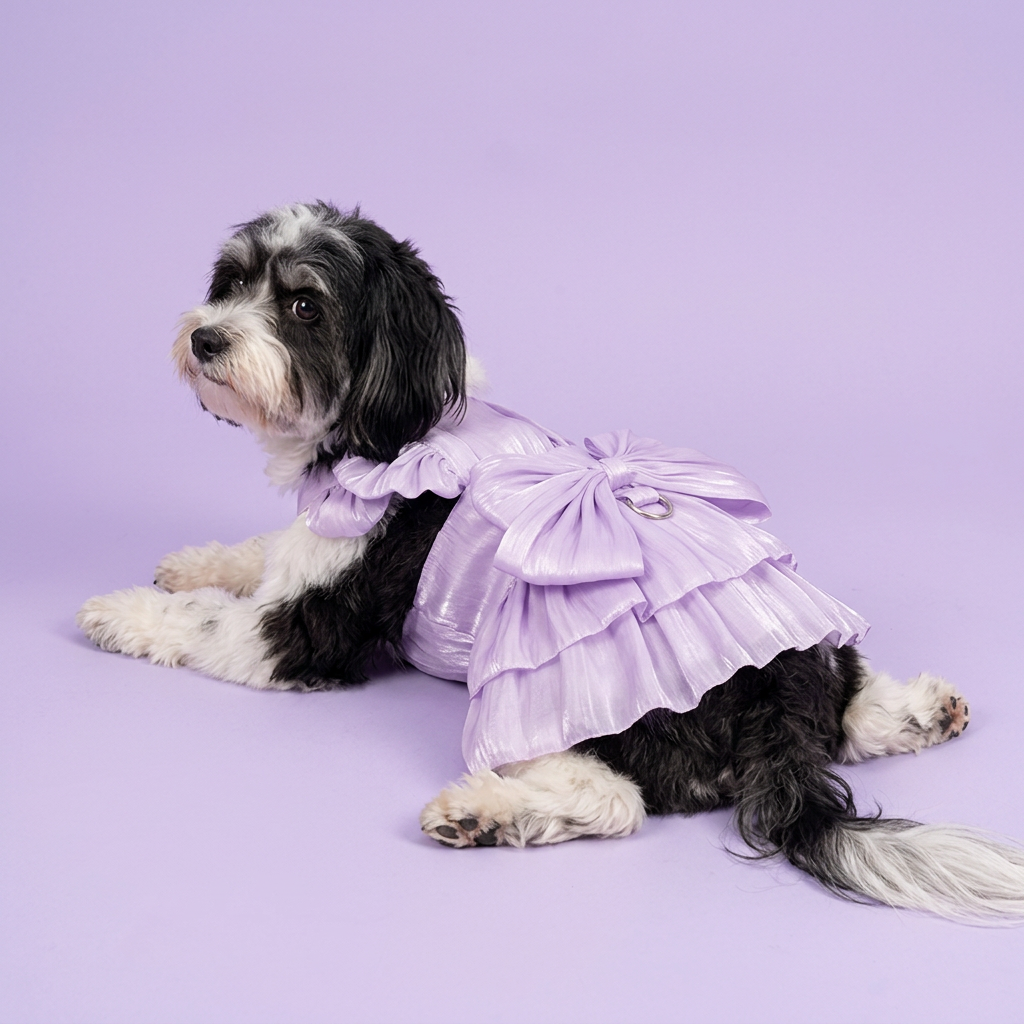 Havanese wearing the lavender tiered dress