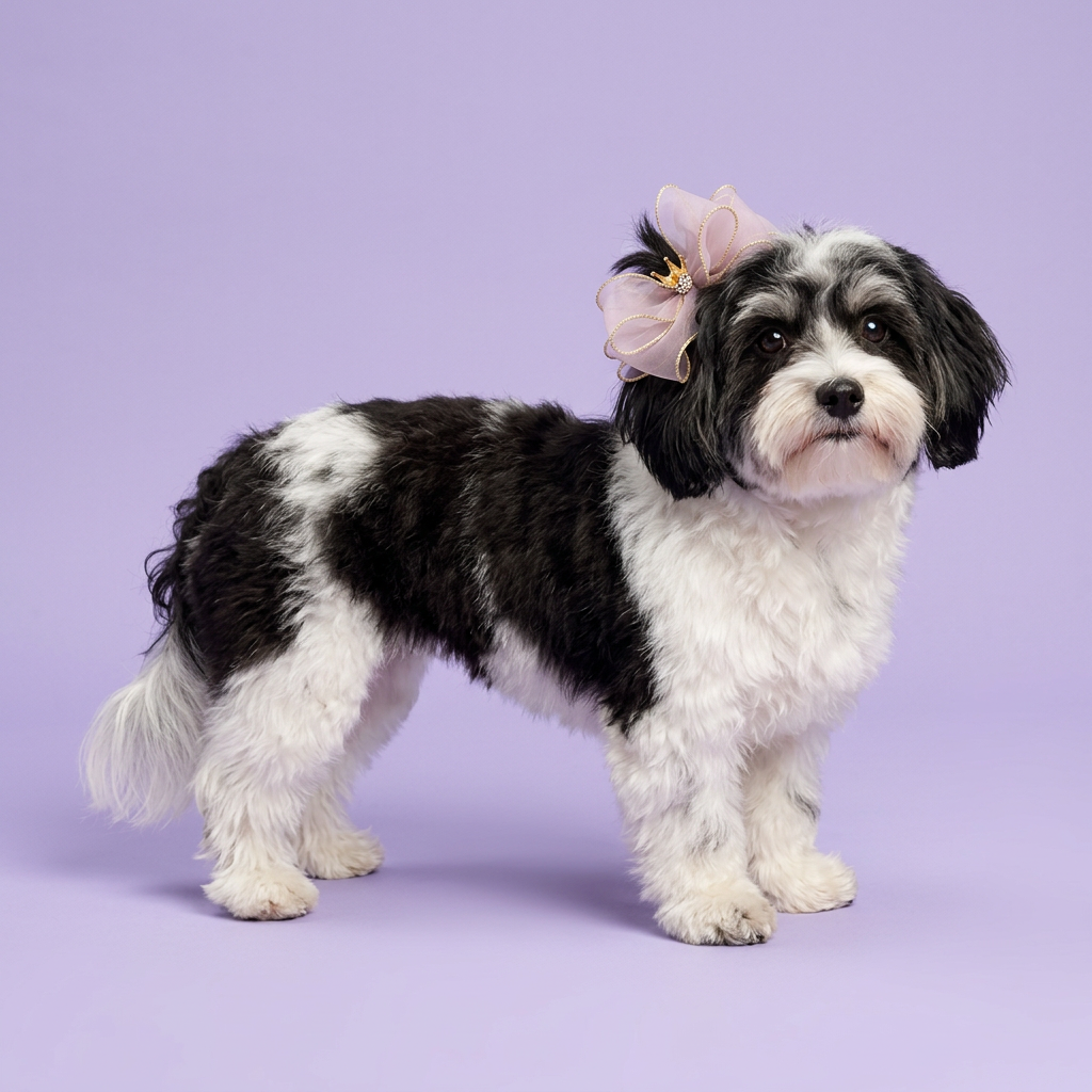 Havanese wearing the lilac and gold crown bow