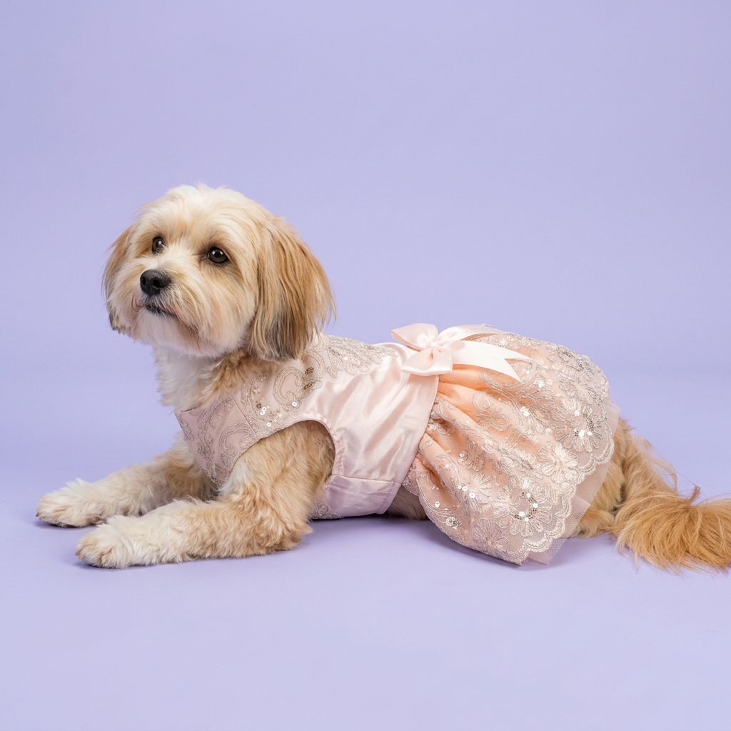 Havanese wearing the pink embroidered dress