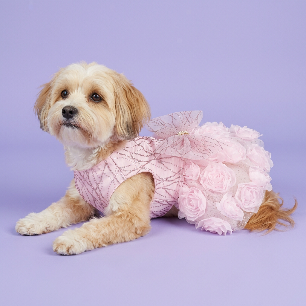 Havanese wearing the pink rosette dress