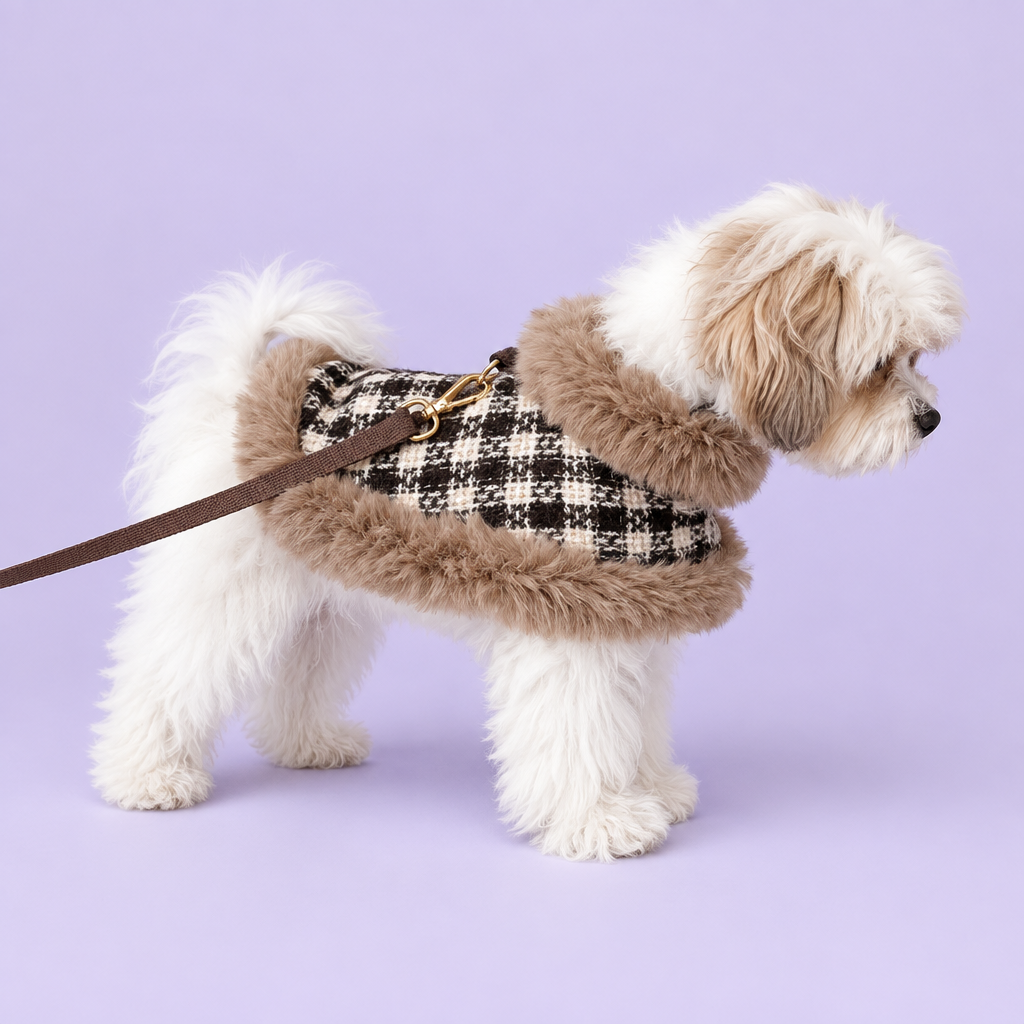 Havanese wearing the plaid cape in profile