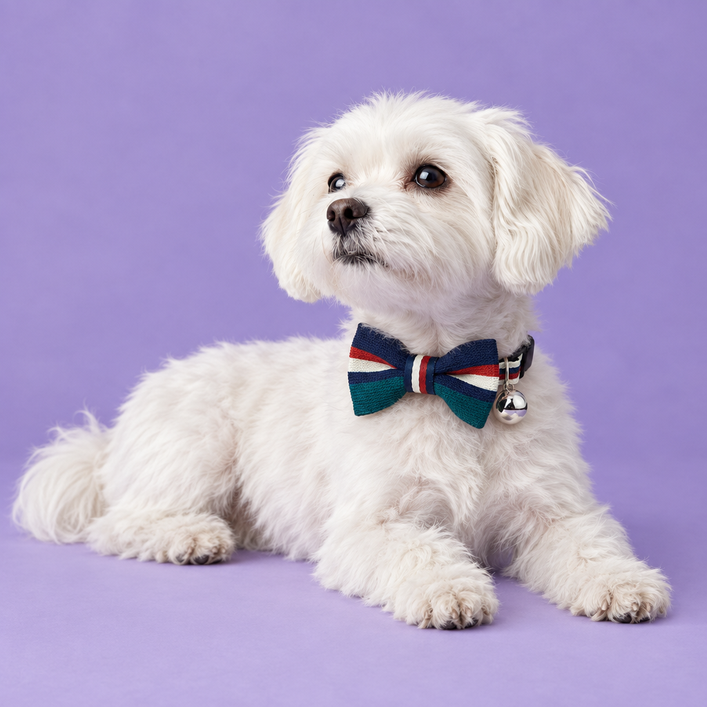 Havanese wearing the teal and navy bow-tie collar