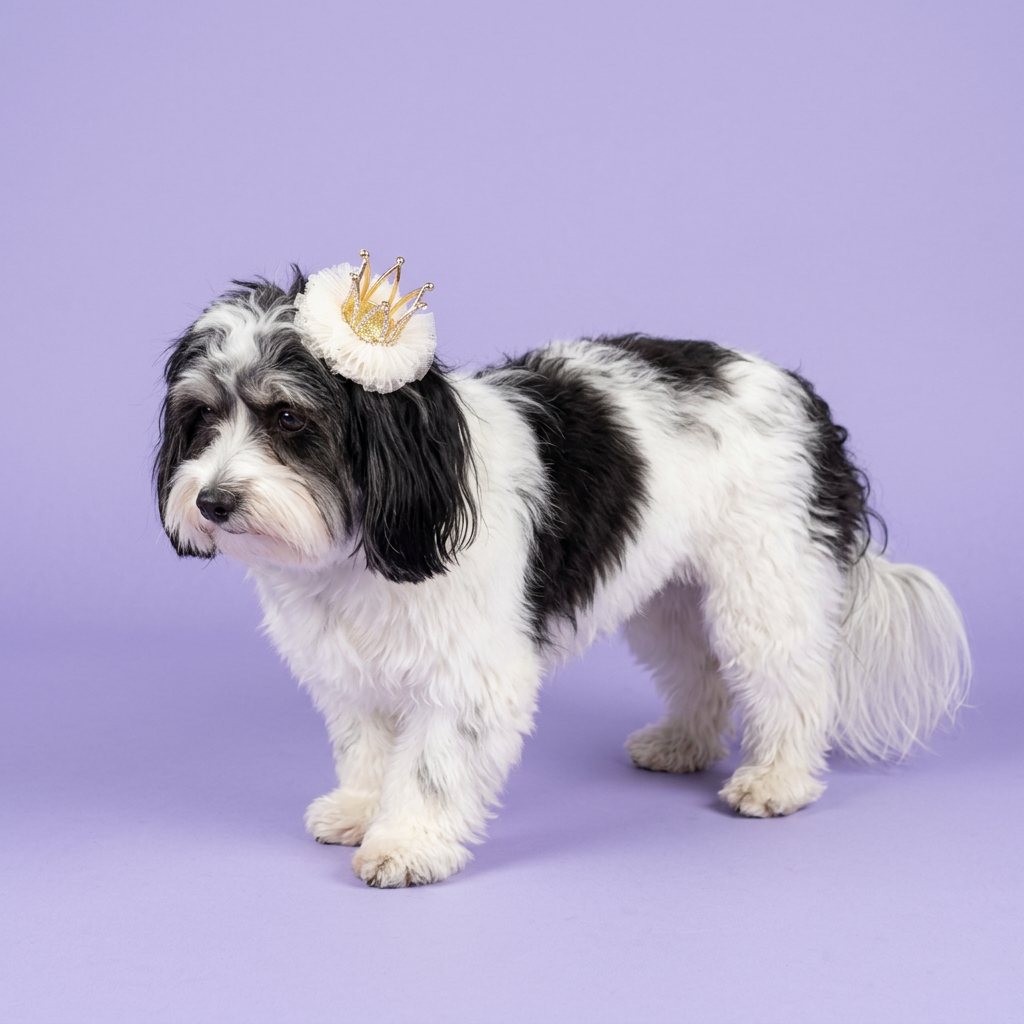 Havanese wearing the white crown clip