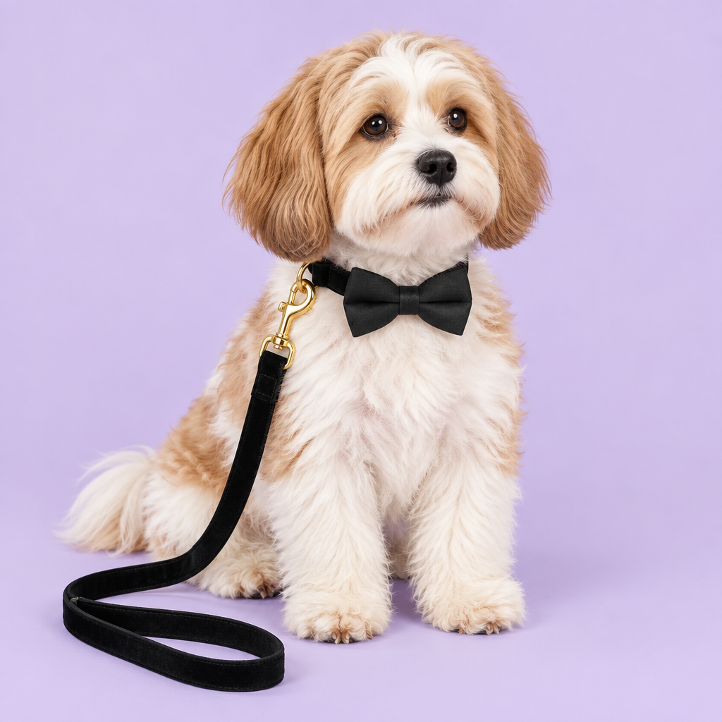 Havanese with black bow collar and matching leash