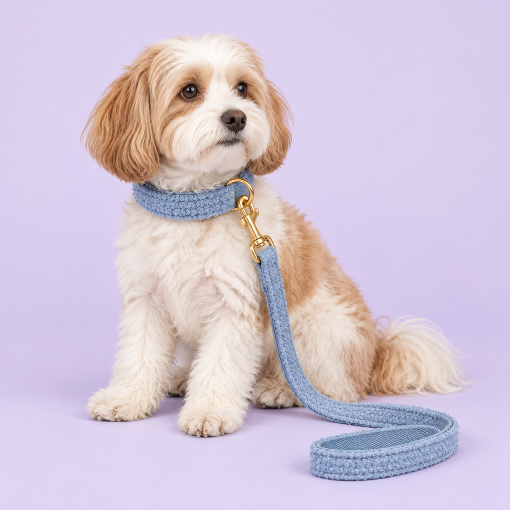 Havanese with light-blue teddy-fleece collar and leash