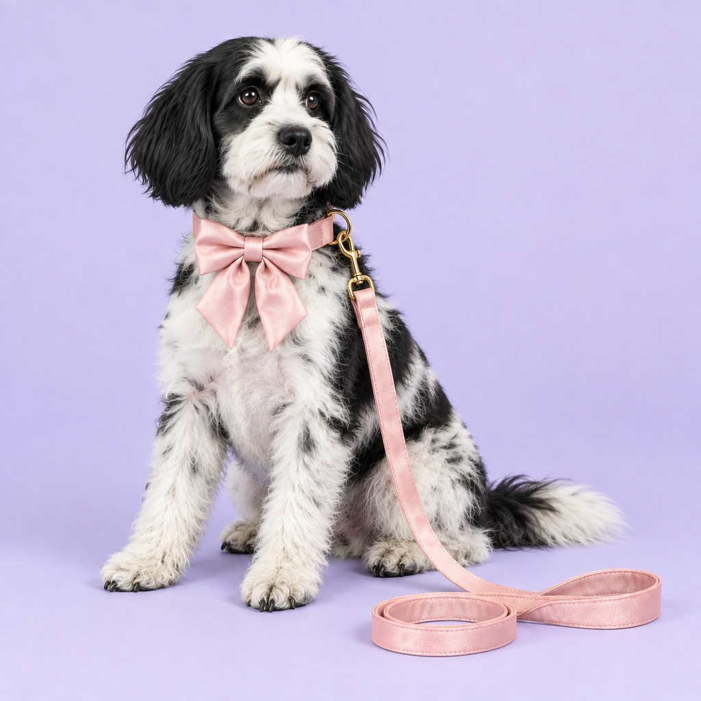 Havanese with silky pink bow collar and leash