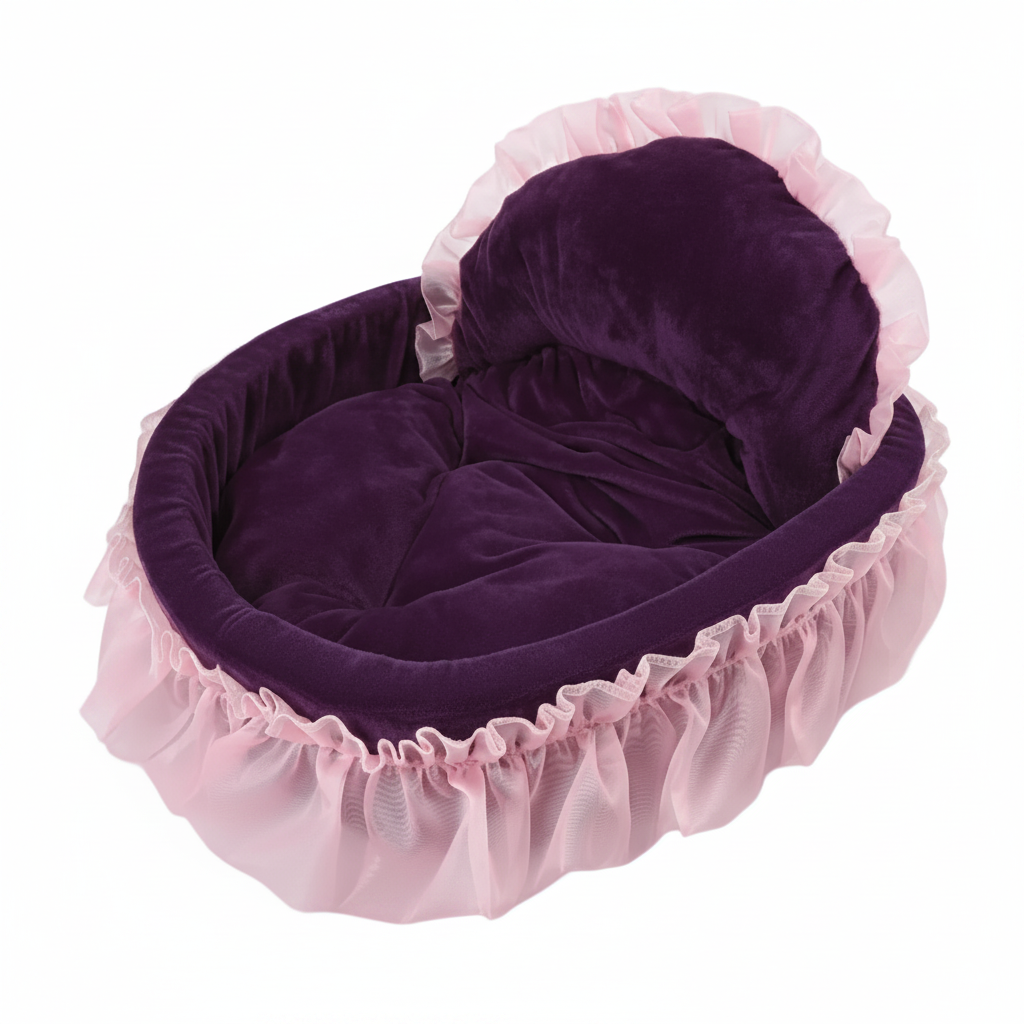 Deep purple velvet oval-shaped hooded pet bed with soft dusty blush pink chiffon ruffle trim, white background