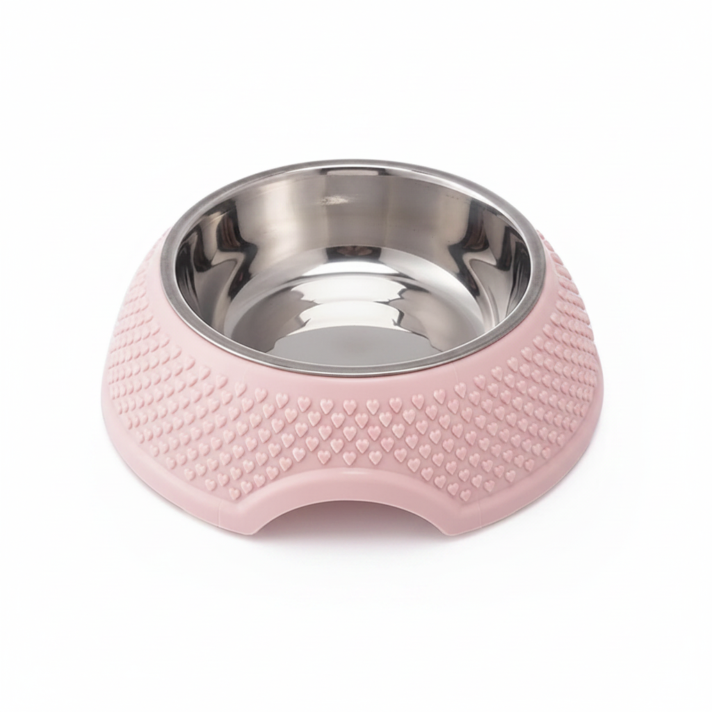 Blush pink textured heart embossed single pet bowl with removable stainless steel insert for cats and dogs