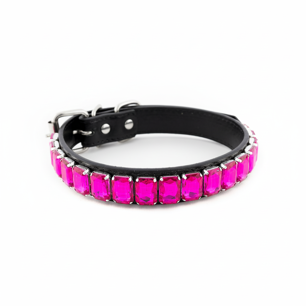 Black pet collar featuring a row of hot-pink rectangular rhinestones on a white background.