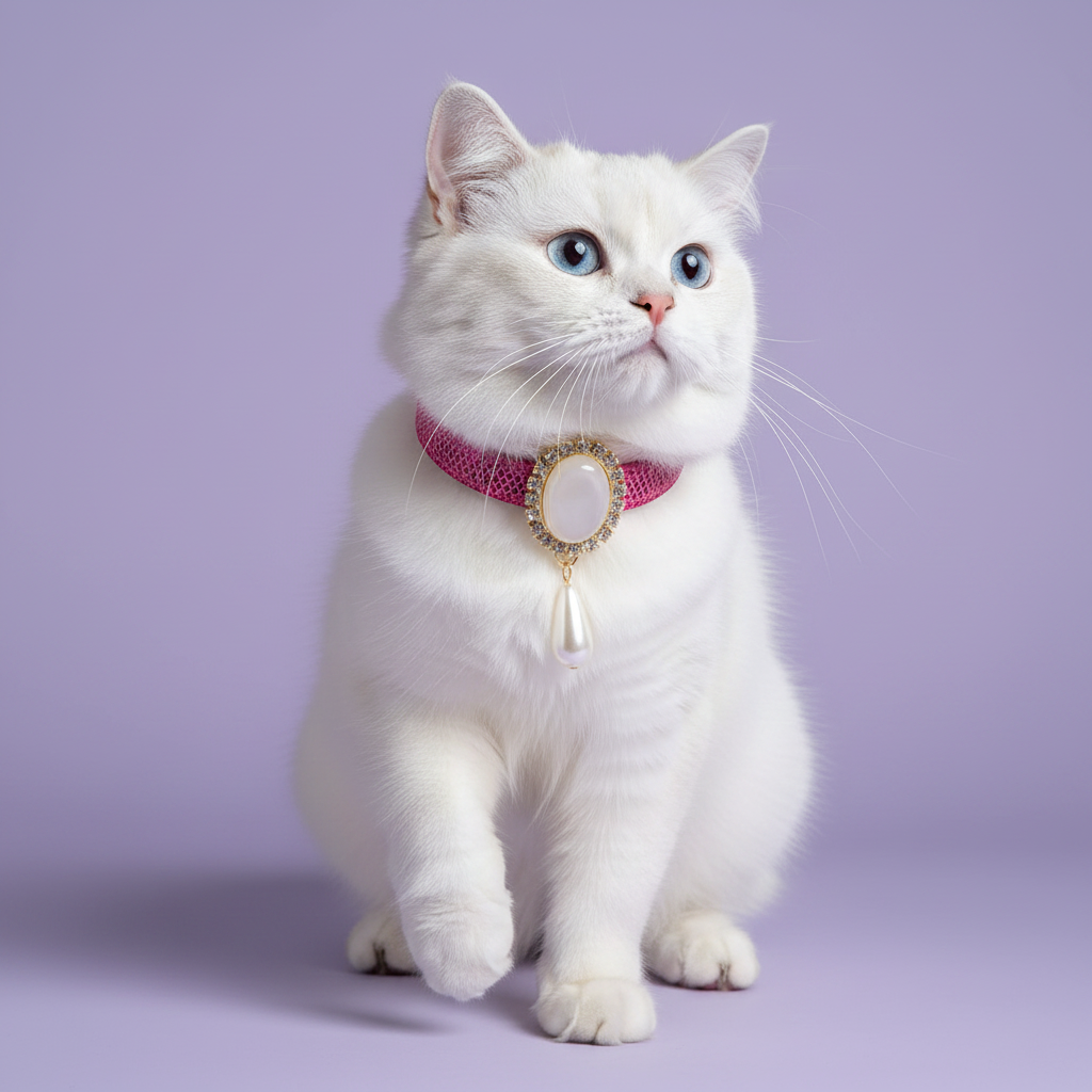 Blue-eyed white Persian cat sitting wearing a hot pink rhinestone cat collar with oval moonstone centerpiece and pearl drop pendant