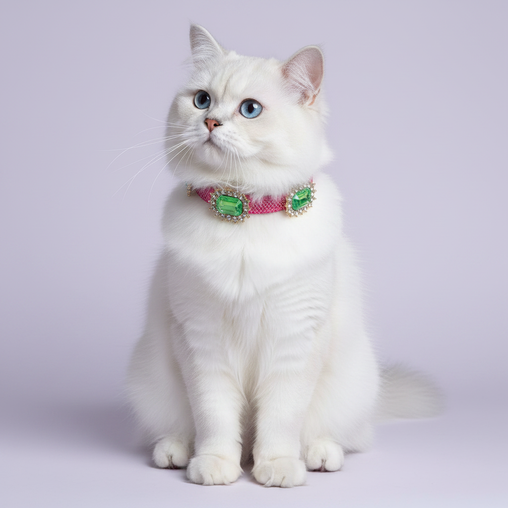 Blue-eyed white Persian cat sitting upright and gazing up wearing a hot pink cat collar with triple rectangular emerald green gem accents