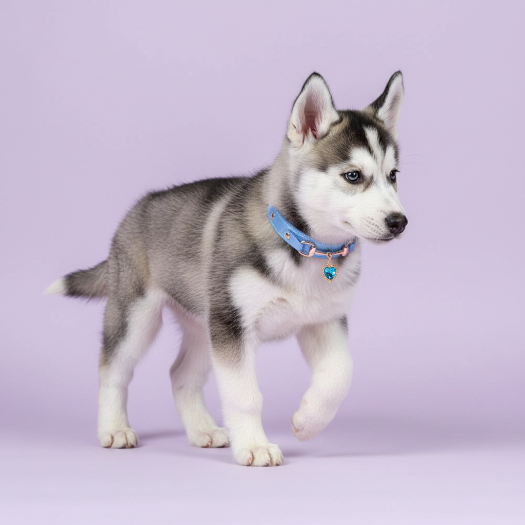 Grey and white Siberian Husky puppy in a walking pose looking to the side, wearing a light blue leather pet collar with rose gold snaffle-bit hardware and a teal crystal heart charm pendant, on a soft lavender background