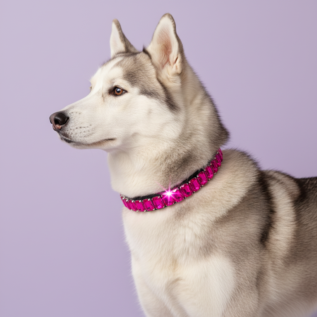 Siberian Husky wearing a hot pink rhinestone collar against a soft lavender studio background.