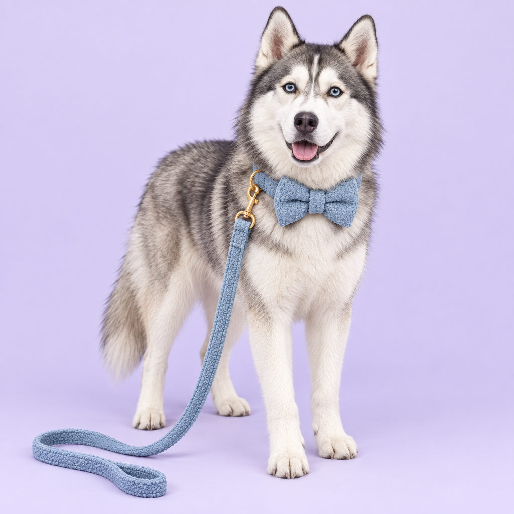 Husky in blue teddy-fleece bow-tie set