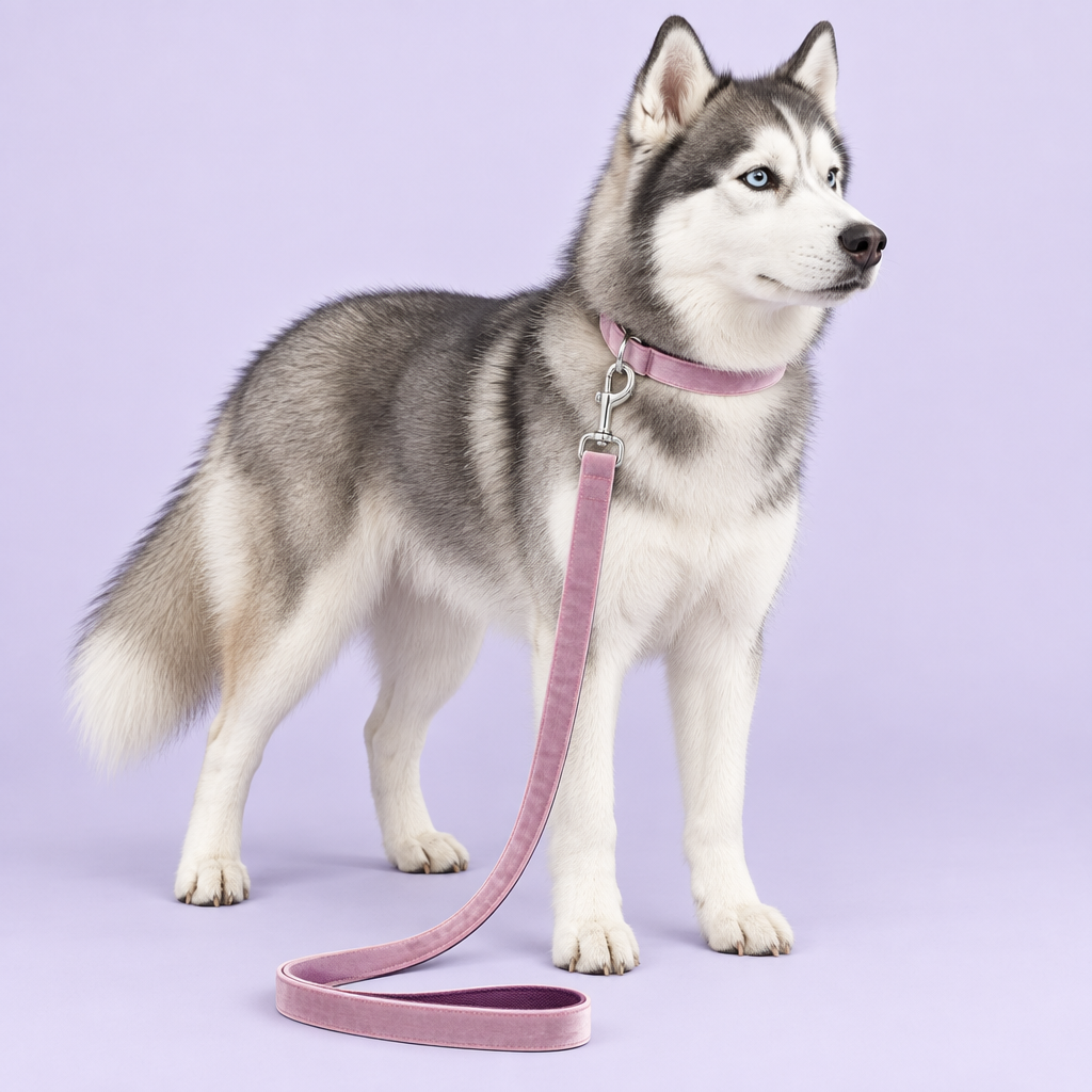 Husky wearing blush pink velvet collar and leash