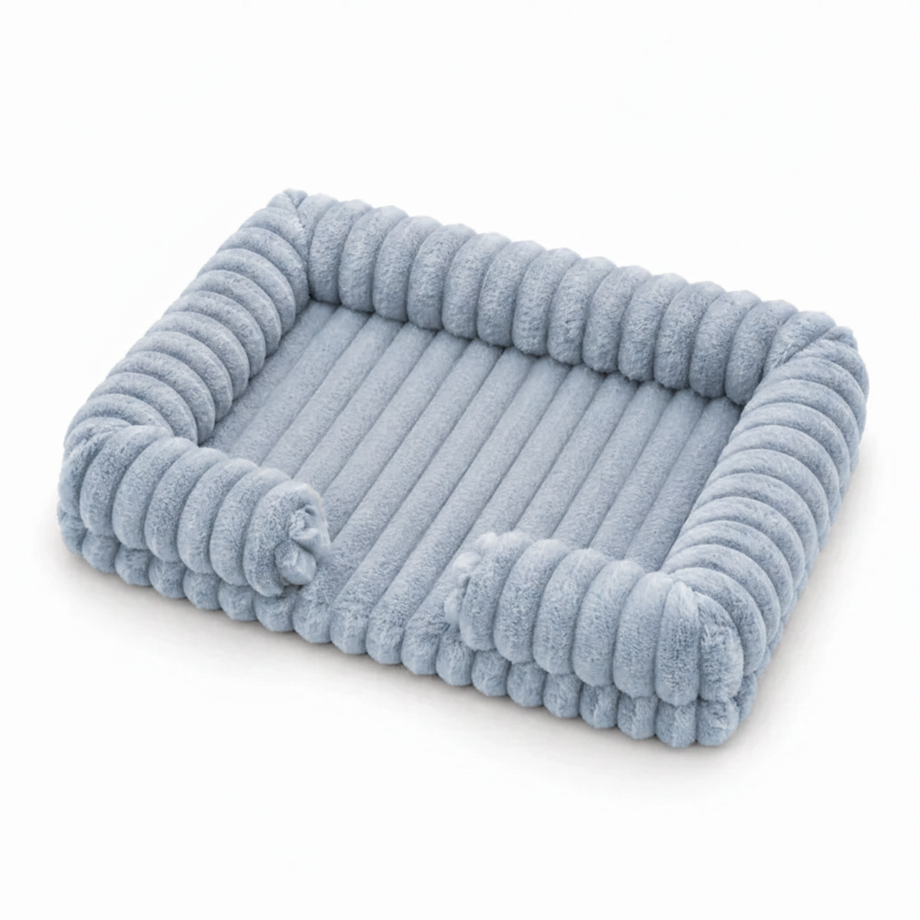Ice blue ribbed corduroy rectangular pet sofa bed with raised bolster sides, shown at a 3/4 angle on a white background