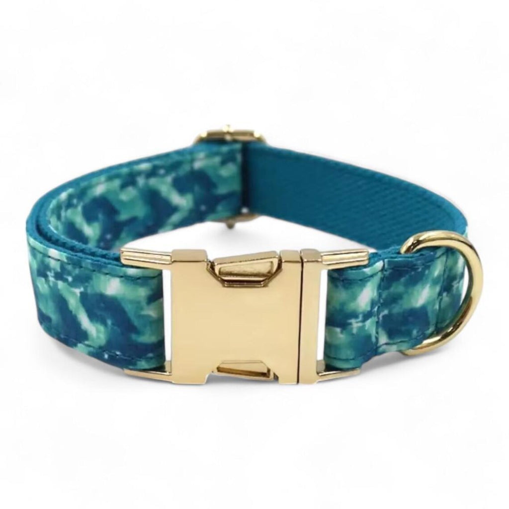 Teal & Blue Dog Collar and Leash Set with Gold Hardware