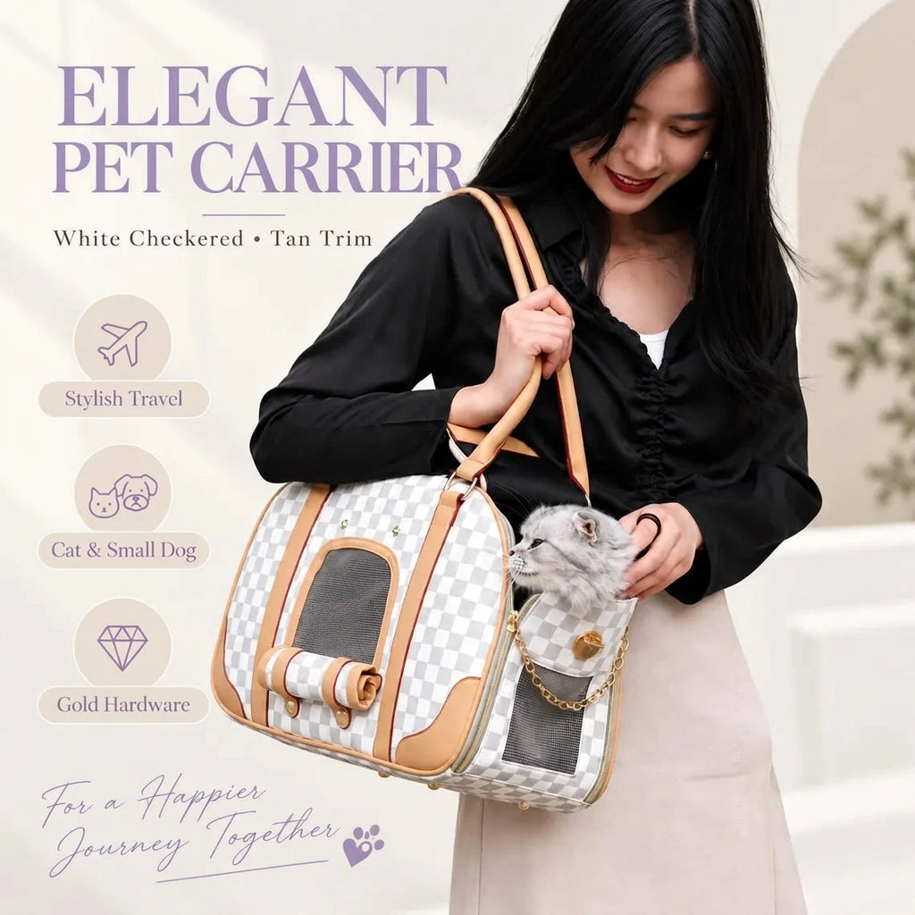A woman carries a white and tan checkered pet carrier bag with a gray cat inside, set against a soft beige background with promotional text and feature icons.
