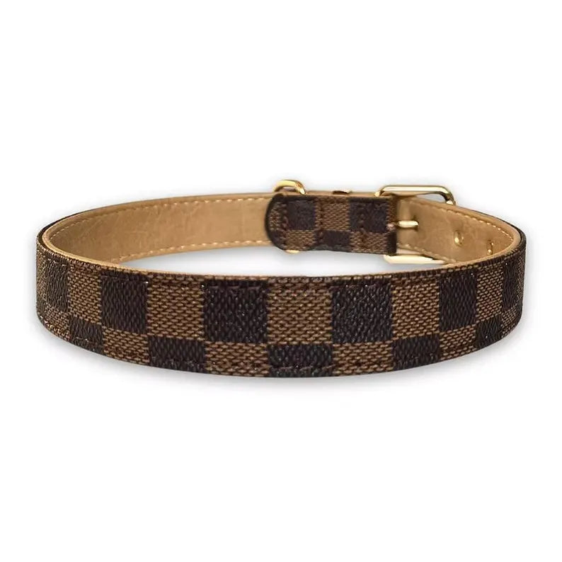 Brown Checkered Dog Collar & Matching Leash Set