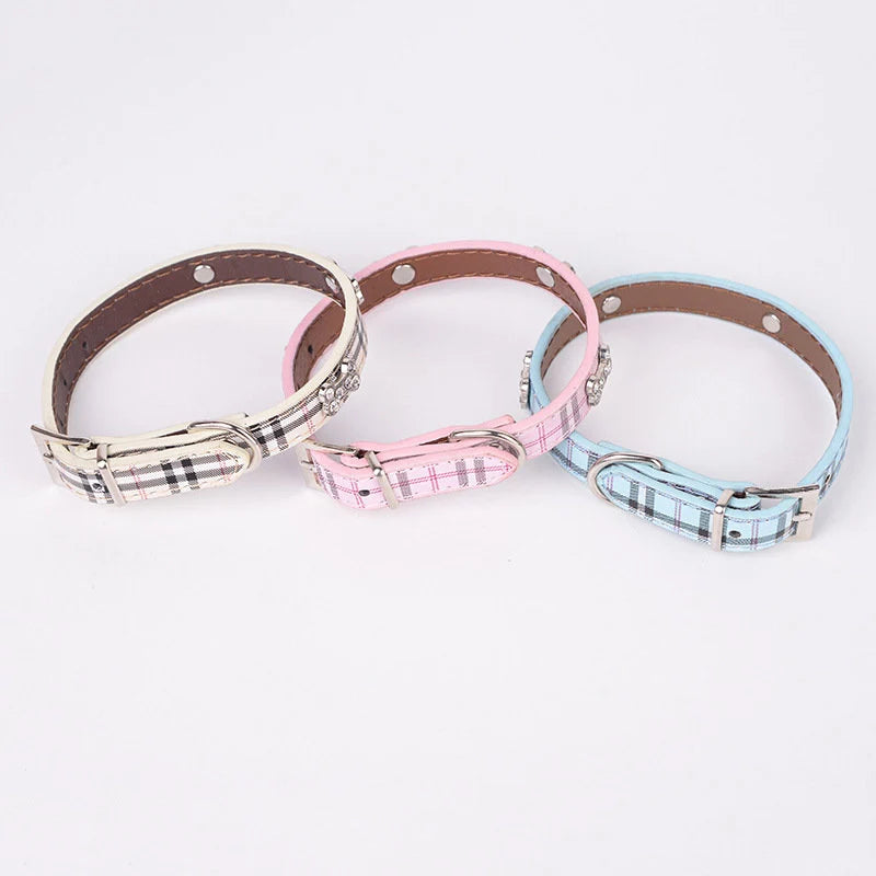 Luxury pet collar plaid leather rhinestone charm white pink blue three color options