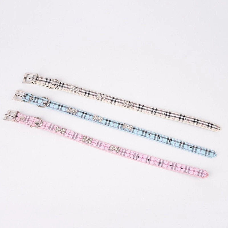 Luxury rhinestone dog collar plaid leather crystal bone charms flat lay white blue pink three color options