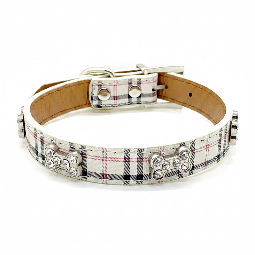 Luxury rhinestone dog collar white plaid leather crystal bone charms silver buckle interior view