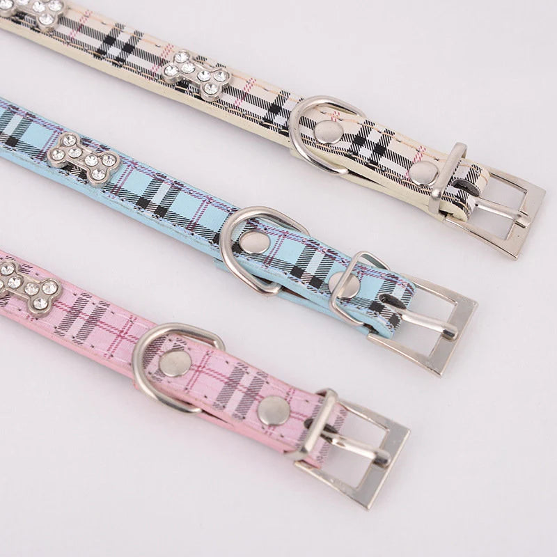 Luxury rhinestone dog collar plaid leather crystal bone charms white blue pink three color options