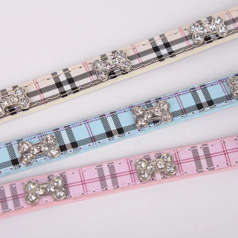 Luxury rhinestone dog collar plaid leather crystal bone charms white blue pink three color closeup