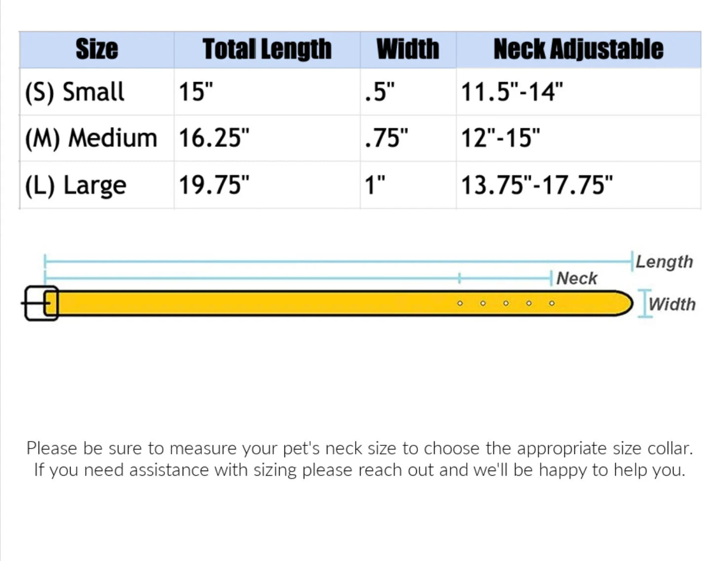 Measurement chart for pet collars with size options, total length, width, and neck adjustable range.
