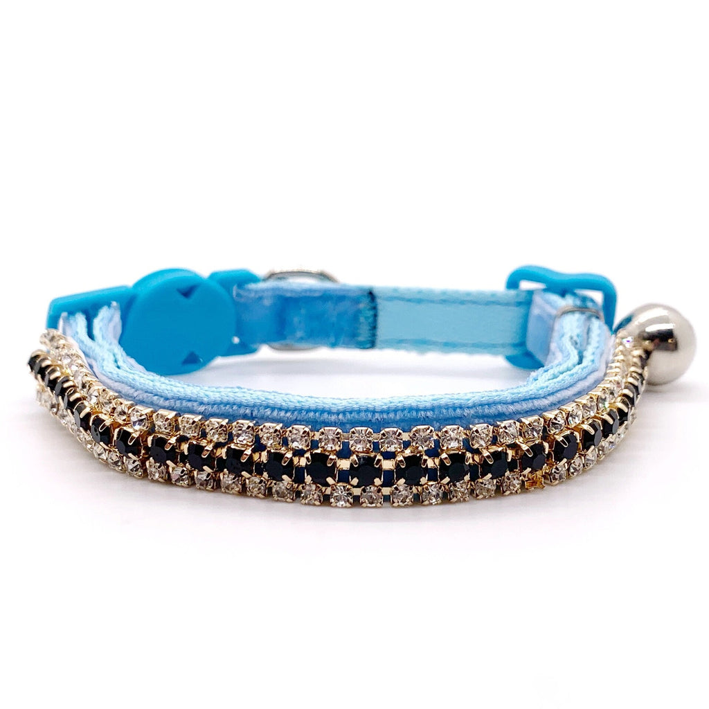 Luxury rhinestone pet collar blue velvet triple-row black crystal gold chain safety breakaway bell