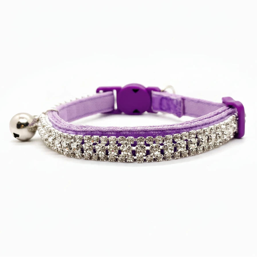 Luxury rhinestone pet collar purple velvet triple-row clear crystal safety breakaway bell