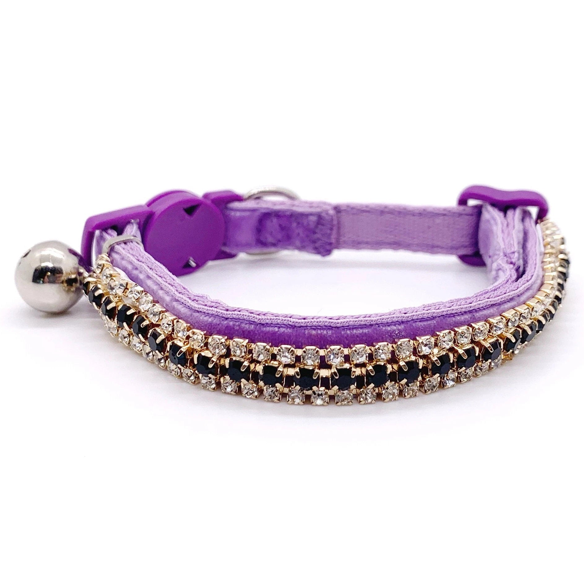 Luxury rhinestone pet collar purple velvet triple-row black crystal gold chain safety breakaway bell