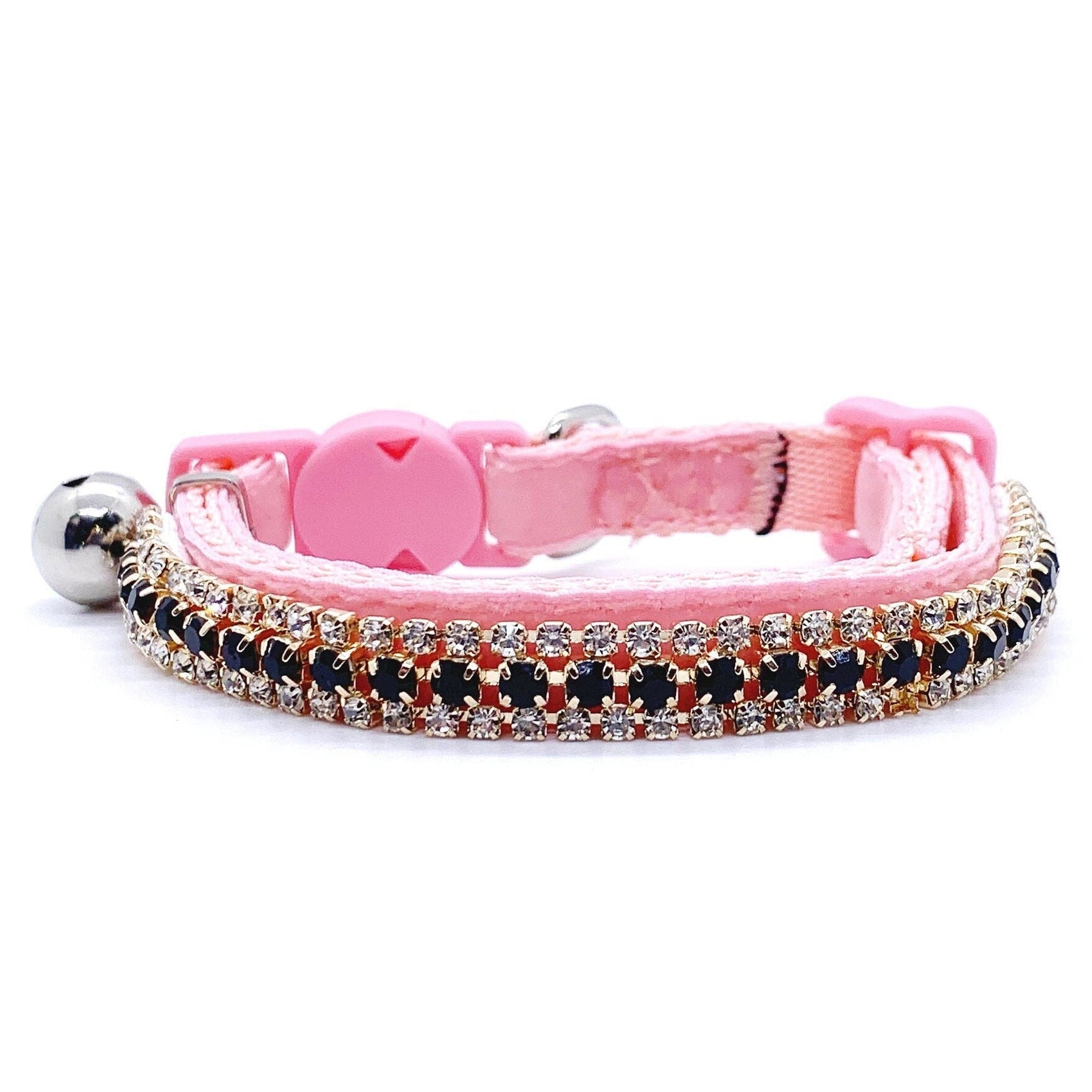 Luxury rhinestone cat collar pink velvet double-row black crystal safety breakaway bell