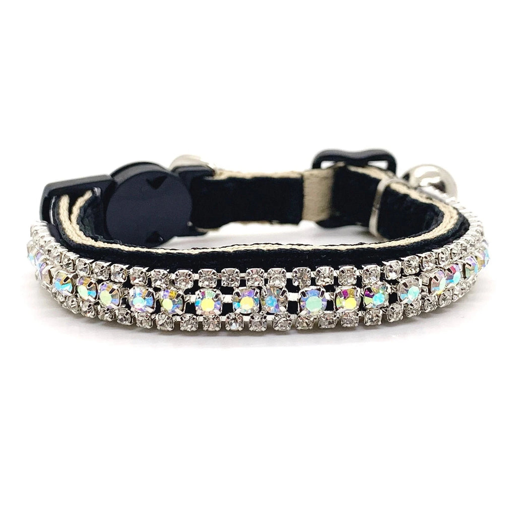 Luxury rhinestone cat collar black velvet double-row AB crystal safety breakaway bell