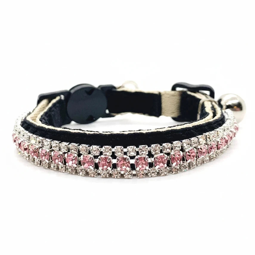 Luxury rhinestone cat collar black velvet double-row pink crystal safety breakaway bell