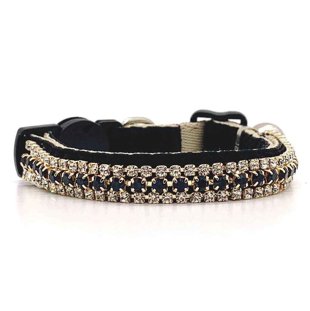 Luxury rhinestone cat collar black velvet double-row black crystal safety breakaway clasp