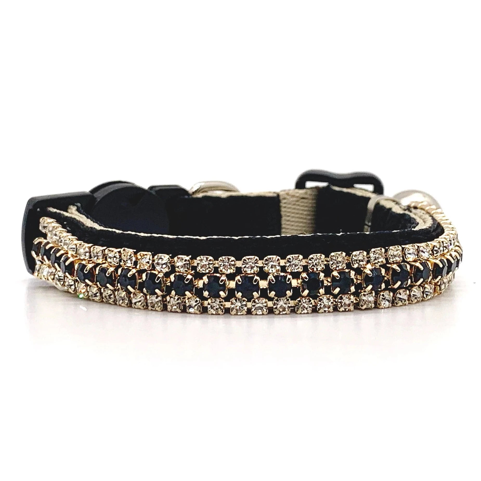 Luxury rhinestone cat collar black velvet double-row black crystal safety breakaway clasp
