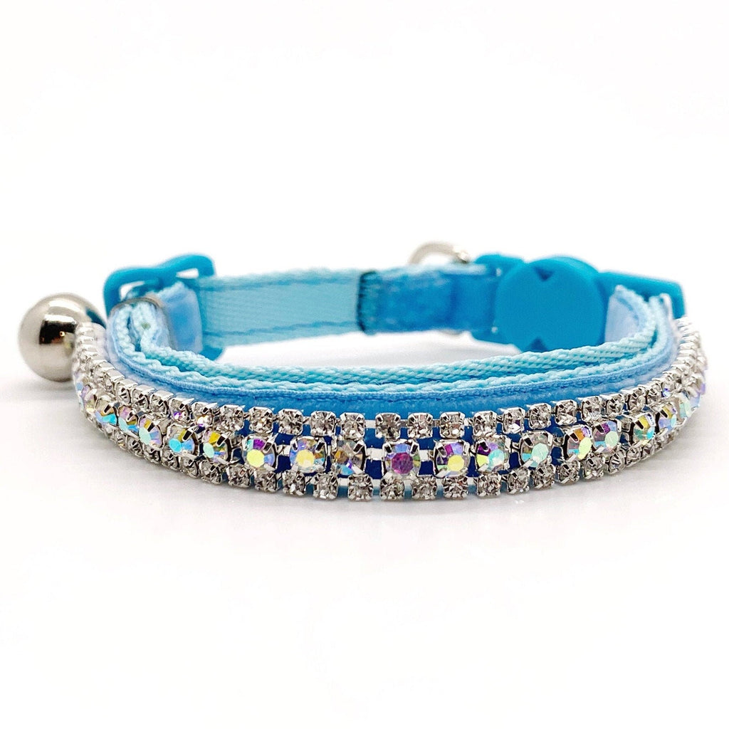 Luxury rhinestone pet collar blue velvet triple-row iridescent AB crystal safety breakaway bell