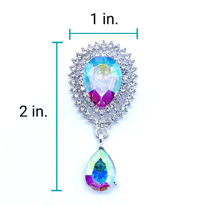 Size diagram of 1 inch wide by 2 inches tall silver aurora borealis iridescent teardrop brooch with double rhinestone halo and dangling AB crystal teardrop charm for luxury pet collar