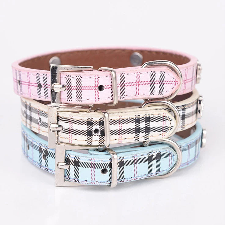 Luxury dog collar plaid leather silver buckle D-ring stacked pink white blue three color options