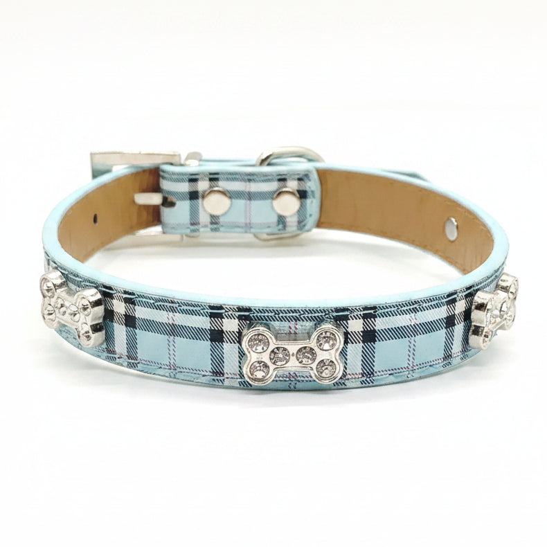 Luxury rhinestone dog collar blue plaid leather crystal bone charms silver