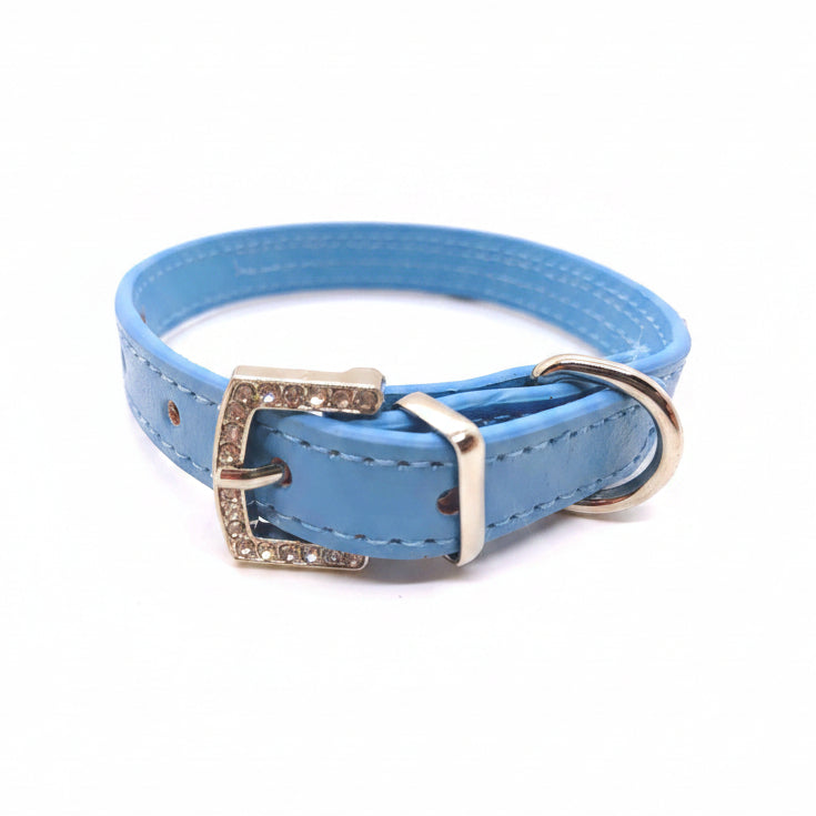 Luxury dog collar blue leather rhinestone buckle gold hardware D-ring