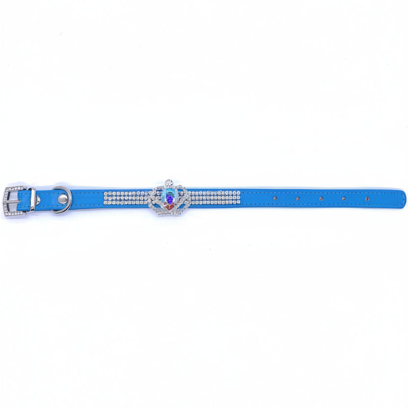Luxury rhinestone dog collar blue leather crystal crown charm triple-row diamonds