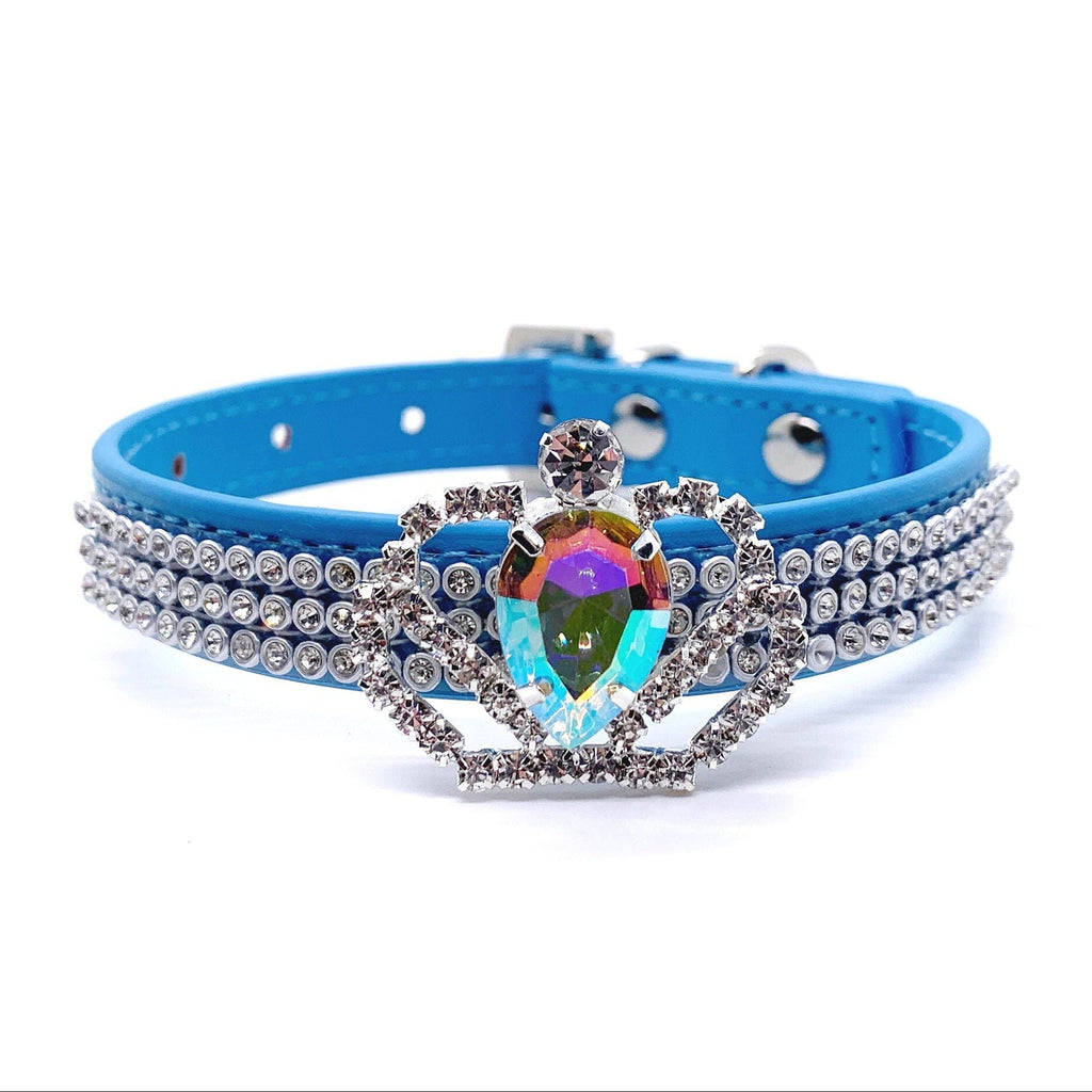 Luxury rhinestone pet collar blue leather iridescent AB crystal crown charm double-row diamonds