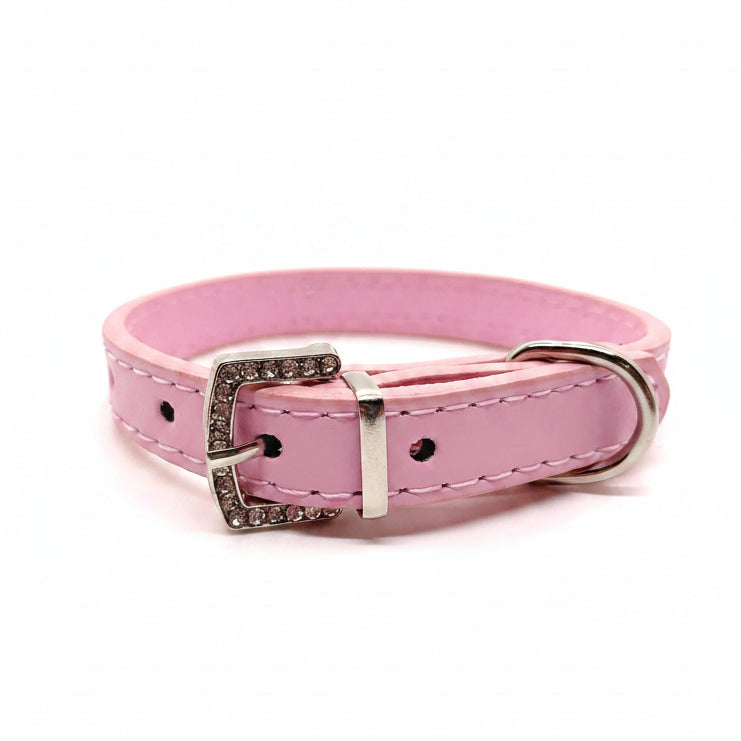 Luxury pet collar pink leather rhinestone buckle silver D-ring stitched