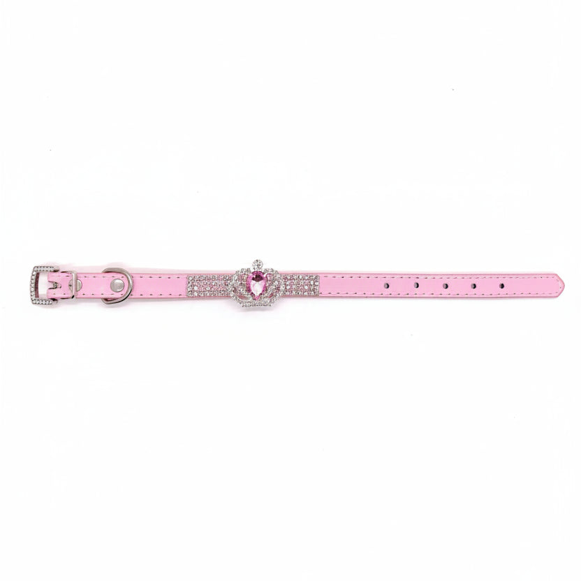 Luxury rhinestone pet collar pink leather crystal crown charm pink heart gemstone rhinestone buckle
