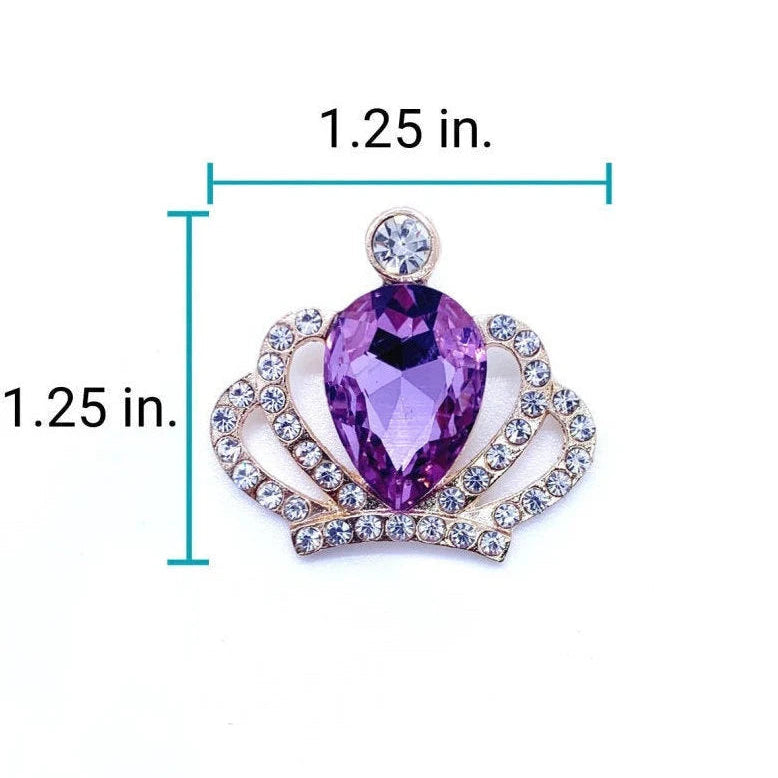 Size diagram of 1.25 inch wide by 1.25 inch tall gold crown charm with amethyst purple teardrop crystal centerpiece and rhinestone halo setting for luxury pet collar